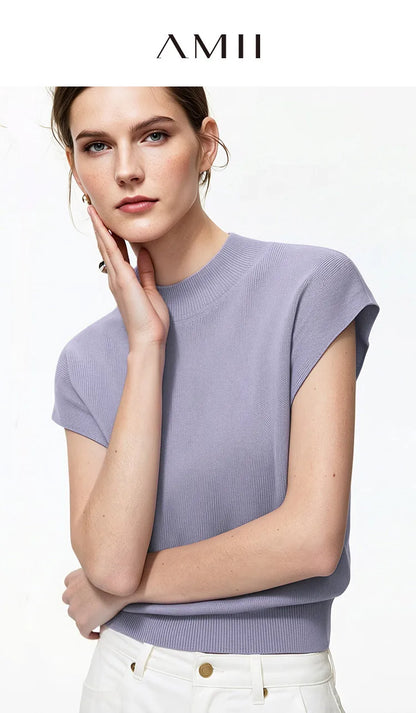Damen-Strickpullover im Crop-Style, helllila, kurzer Ärmel, gerippter Rundhalsausschnitt