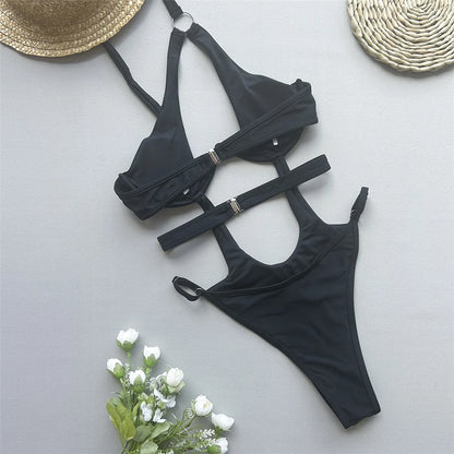Damen Badeanzug asymmetrisch V-Bügel Cut-Out hoher Beinausschnitt Monokini