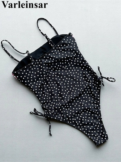 Damen Badeanzug Punkte Spleiß Schnürung hoher Beinausschnitt Monokini