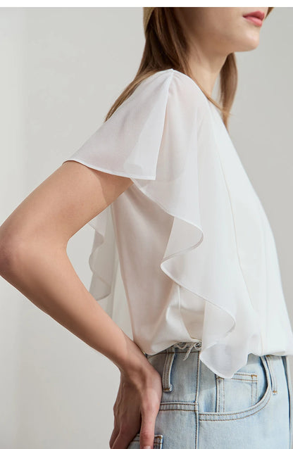 Damen Sommer-T-Shirt mit kurzen Schmetterlingsärmeln und Rundhalsausschnitt