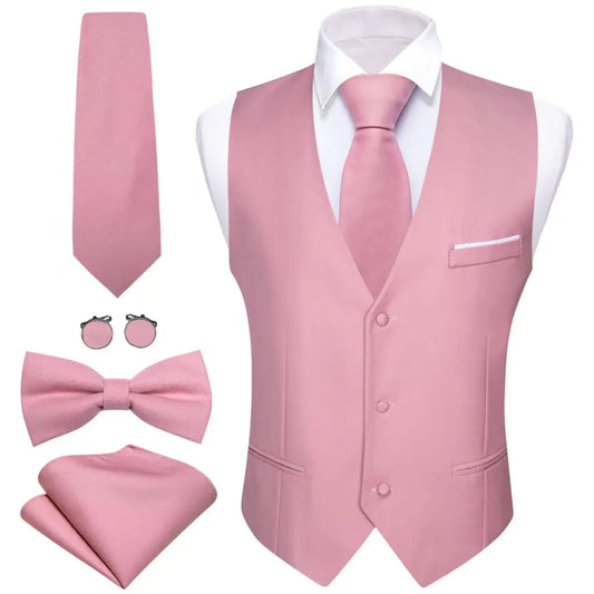 Rosa Satin-Weste für Herren mit V-Ausschnitt, Knopfleiste und Tascheneingriffen