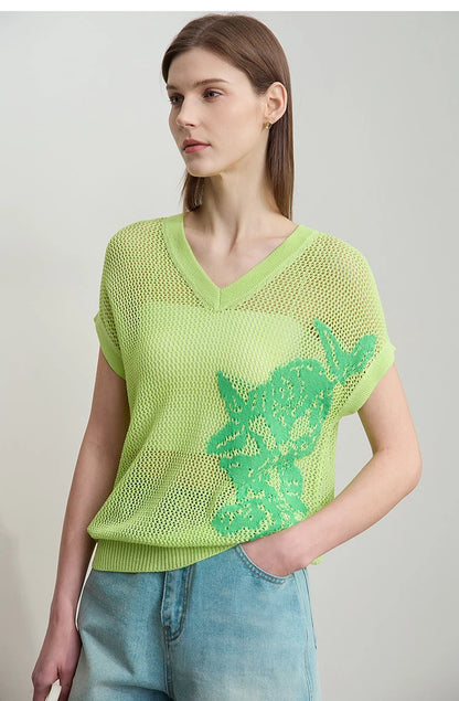 Damen V-Ausschnitt Pullover Viskose Kurzarm Aushöhlung Sommer