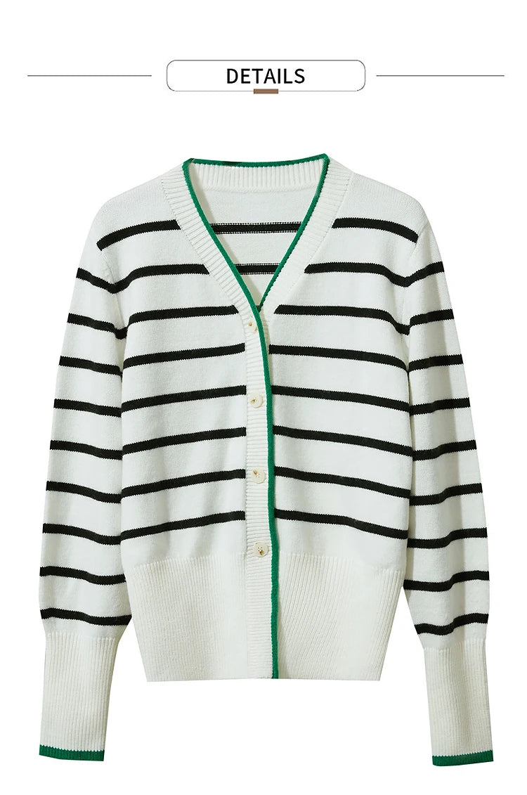 Damen-Strickjacke Streifen V-Ausschnitt locker Wolle Herbst-Winter