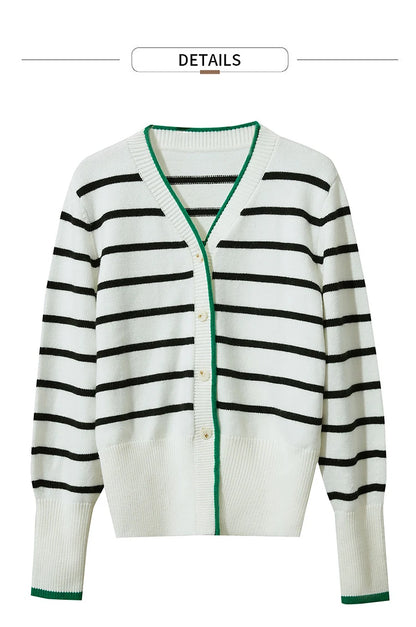 Damen-Strickjacke Streifen V-Ausschnitt locker Wolle Herbst-Winter