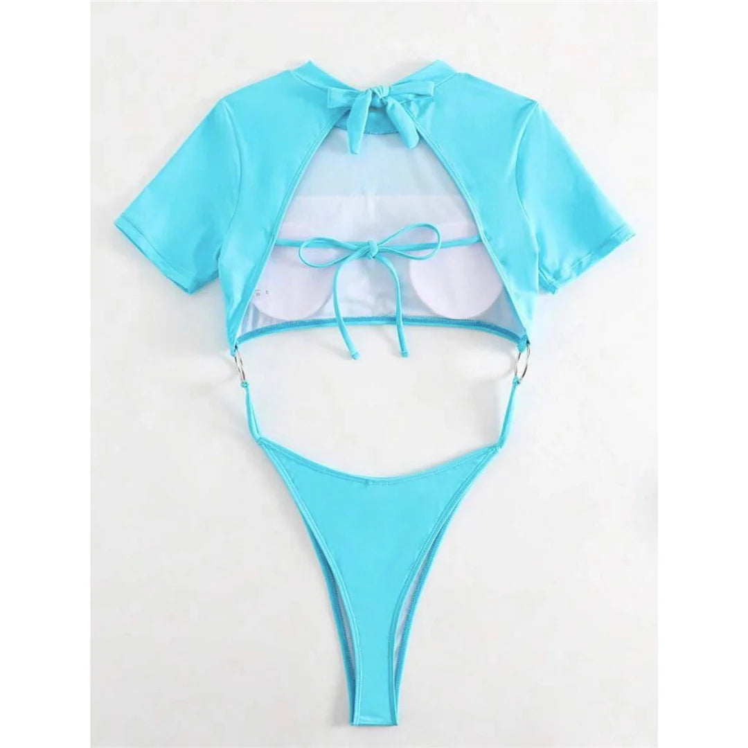 Damen Badeanzug Micro Tanga Cut-Out Monokini Kurzarm 9 Farben