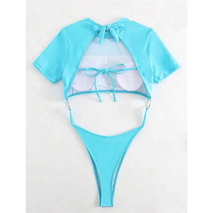 Damen Badeanzug Micro Tanga Cut-Out Monokini Kurzarm 9 Farben