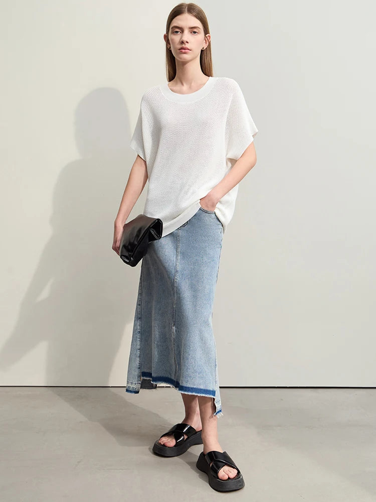 Damen-Rundhalspullover Wolle Aushöhlung locker Streetwear Sommer
