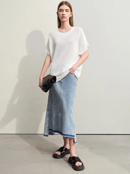 Damen-Rundhalspullover Wolle Aushöhlung locker Streetwear Sommer