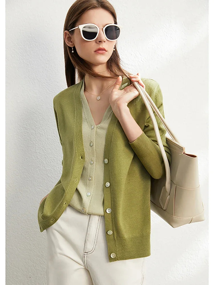 Damen-Strickjacke V-Ausschnitt dünn locker Patchwork Sommer