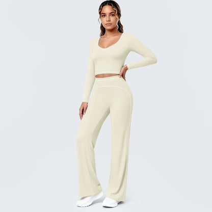 Damen Yoga-Set mit langärmligem Top und Schlaghose, Cut-out-Taille, hellbeige