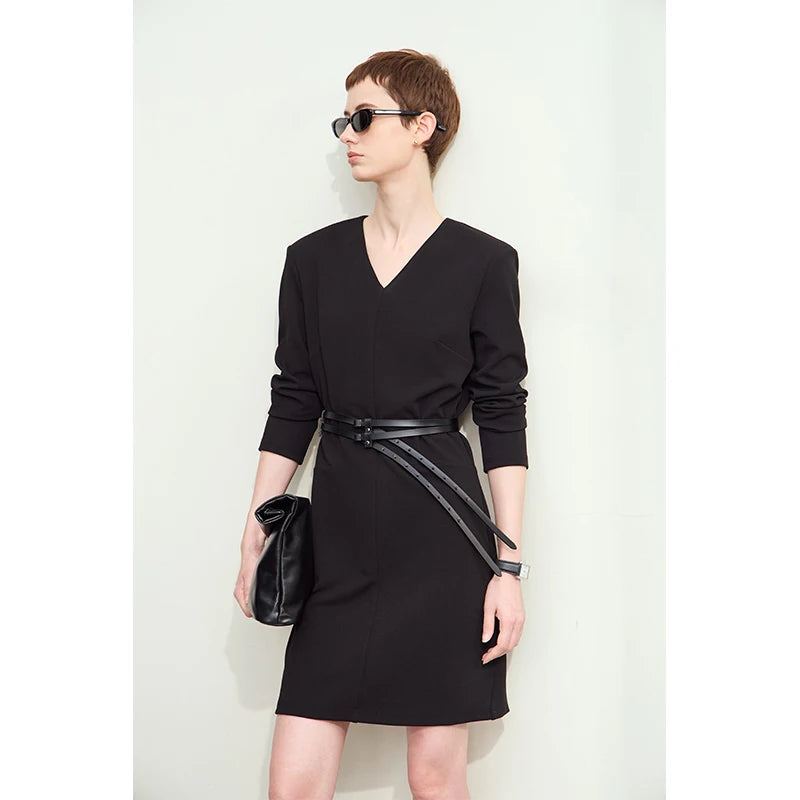 Elegantes Damen Langarm Kleid Mit Schulterpolster Für Das Büro