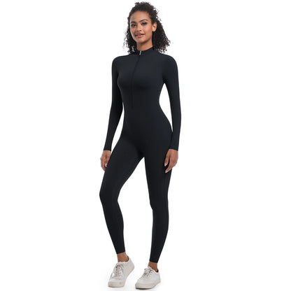 Nahtloser Damen-Yoga-Overall mit langem Arm, Slim-Fit, schwarz