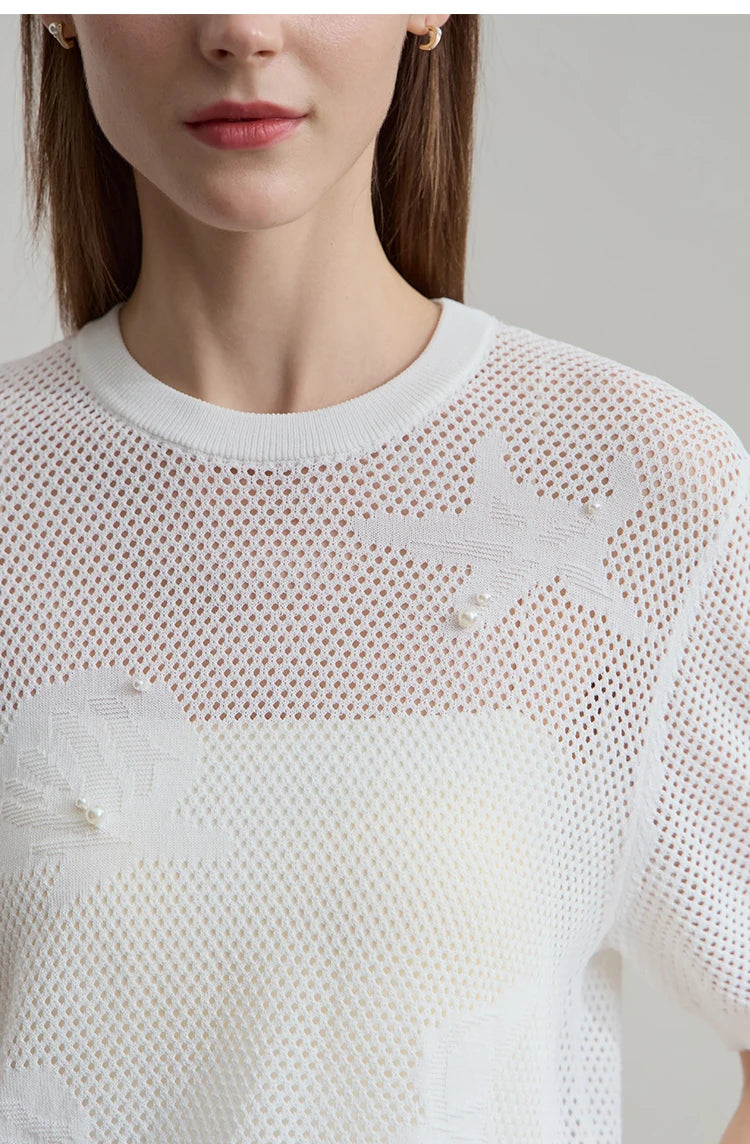 Damen Top im minimalistischen Ozean-Stil mit Perlenbesatz und durchbohrten Löchern