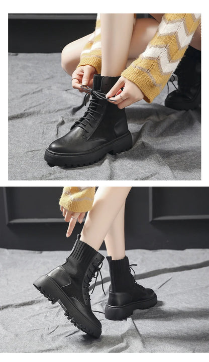 AIYUQI Women Winter Boots Shoes Genuine Leather Flat Fur Ankle Boots Women Platform Fashion Women's Socks Boots