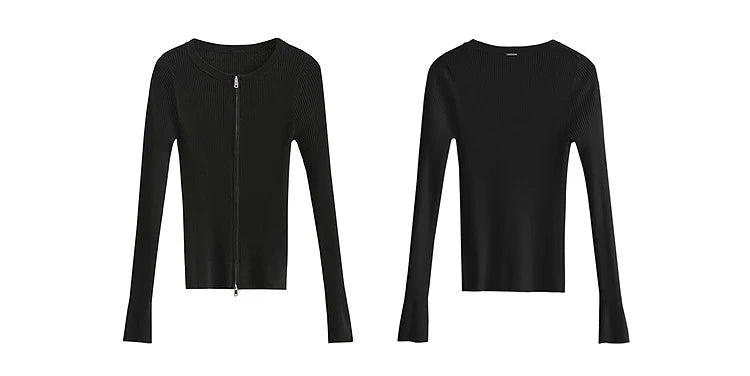 Damen-Rundhals-Cardigan Slim Doppelreißverschluss Viskose Frühling
