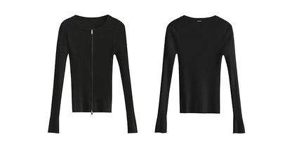 Damen-Rundhals-Cardigan Slim Doppelreißverschluss Viskose Frühling
