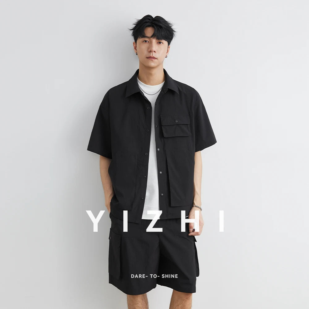Männer Sommer Set mit losem Kurzarm Cargo-Shirt und Shorts im Casual-Stil