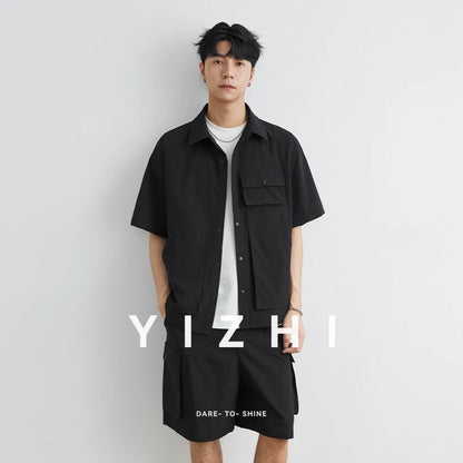 Männer Sommer Set mit losem Kurzarm Cargo-Shirt und Shorts im Casual-Stil