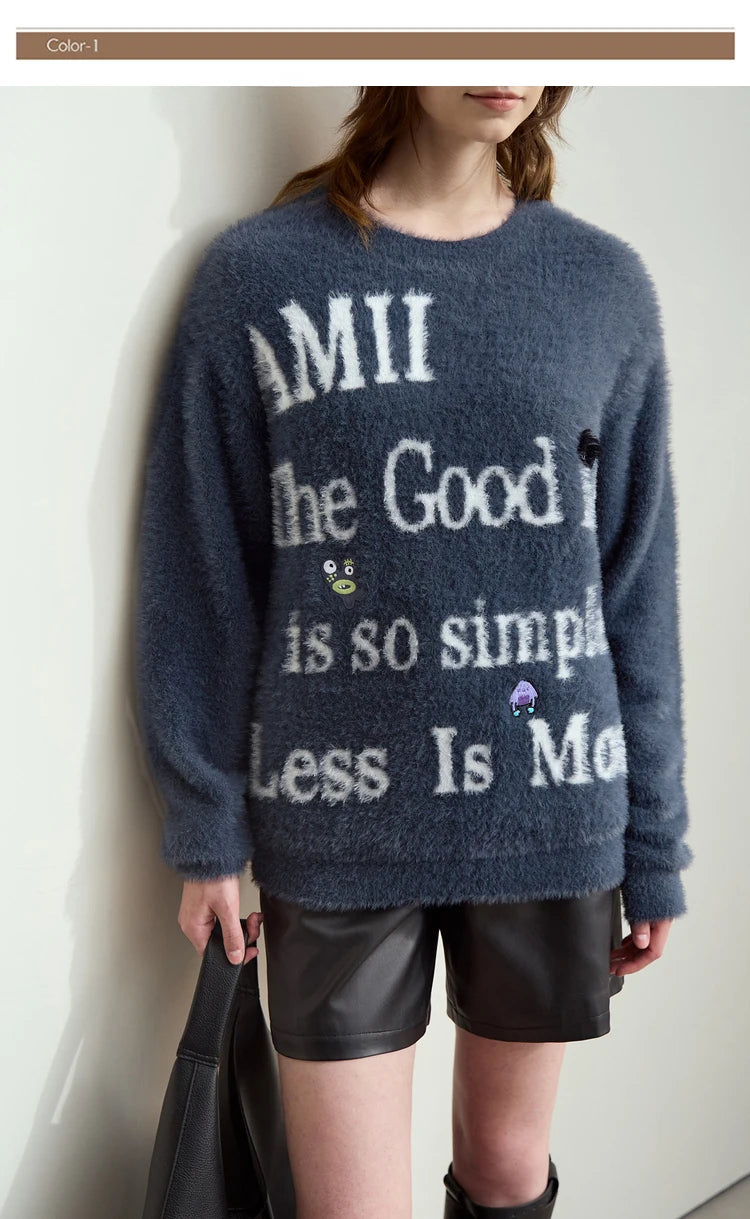 Blauer Damenpullover mit AMII-Print und farbigem Monster-Detail, langarm
