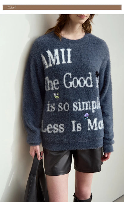 Blauer Damenpullover mit AMII-Print und farbigem Monster-Detail, langarm