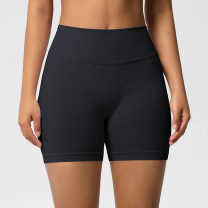 Damen-Yoga-Shorts High-Waist, schwarz, eng anliegend mit breiter Bundkante