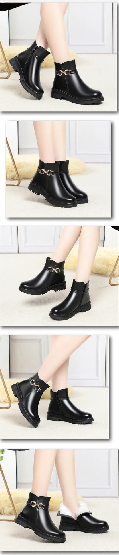 Schwarze Winterstiefeletten mit goldener Schnalle und warmem Wollfutter