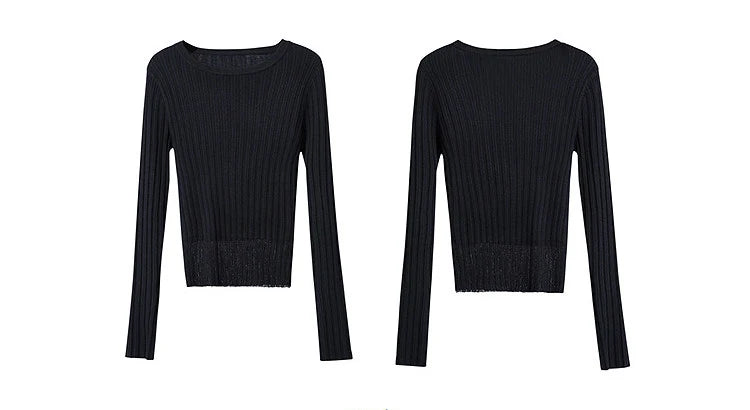 Schwarzer Damenpullover, gerippte Strickoptik, Rundhals, Vorder- und Rückansicht
