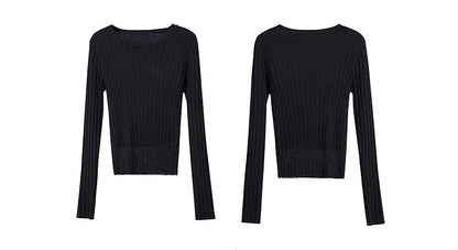 Schwarzer Damenpullover, gerippte Strickoptik, Rundhals, Vorder- und Rückansicht