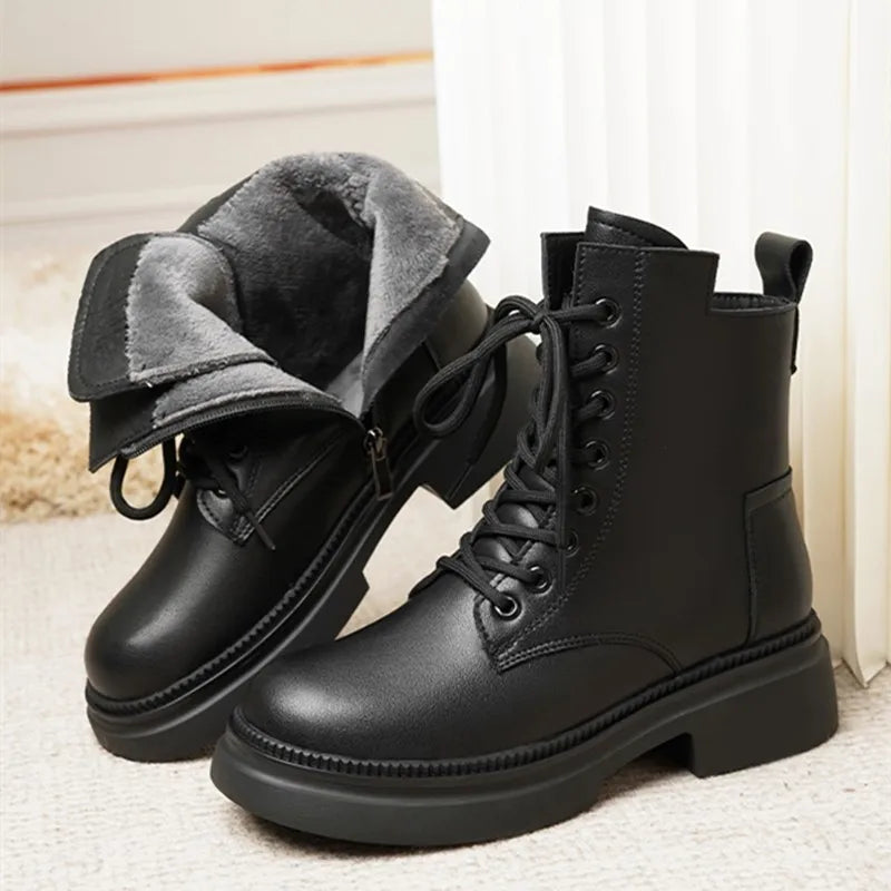 Damen Stiefeletten aus echtem Leder im Retro-Stil mit quadratischem Absatz