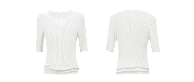 Damen-Rundhalspullover Mesh-Panel Slim Kurzarm Viskose Sommer