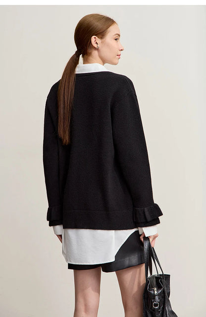 Damen-Strickjacke Wolle V-Ausschnitt Pendler einreihig locker Winter