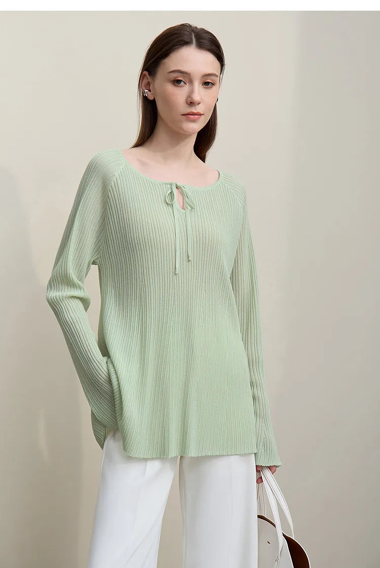 Amii Damenpullover, mintgrüner Strick mit Rundhals und Bindeband, Langarm