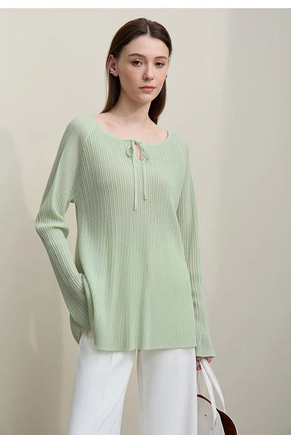 Amii Damenpullover, mintgrüner Strick mit Rundhals und Bindeband, Langarm