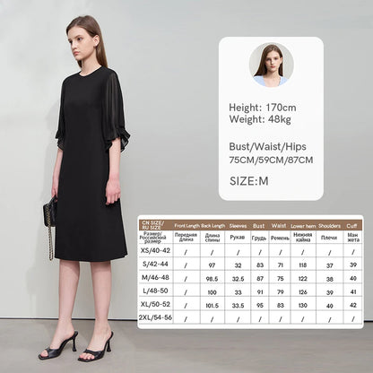 Chiffon-Kleid, schwarz, Vorderansicht, 3/4-Ärmel mit Volant, knielang
