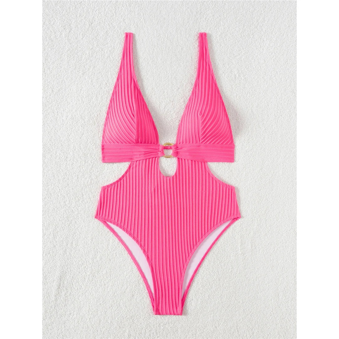 Damen Badeanzug tiefer V-Ausschnitt Cut-Out Monokini hoher Beinausschnitt 8 Farben
