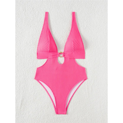 Damen Badeanzug tiefer V-Ausschnitt Cut-Out Monokini hoher Beinausschnitt 8 Farben