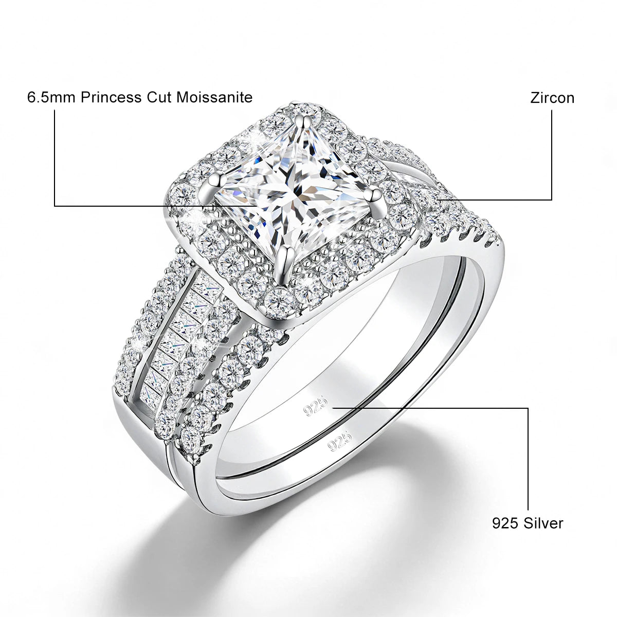 Damen-2er-Verlobungsring-Set aus 925-Silber mit Moissanit im Prinzessin-Schnitt Halo-Design