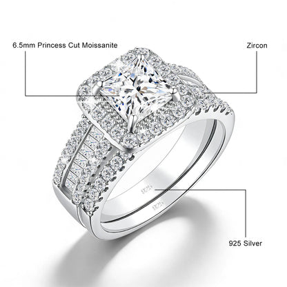 Damen-2er-Verlobungsring-Set aus 925-Silber mit Moissanit im Prinzessin-Schnitt Halo-Design
