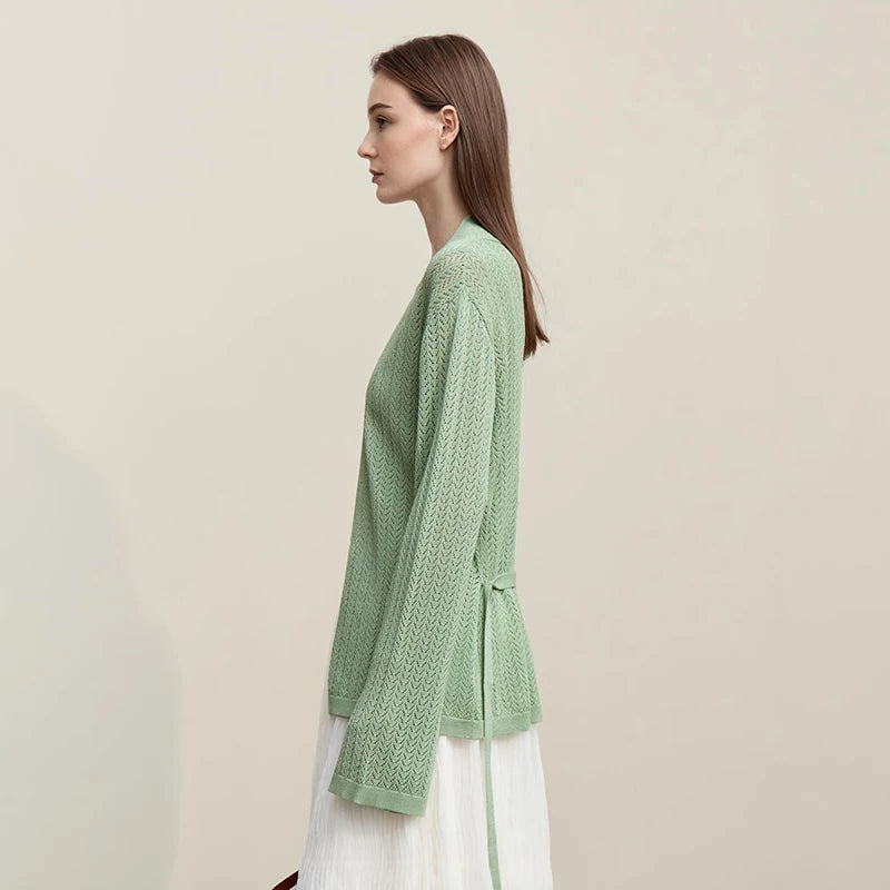 Damen-Strickjacke Lyocell V-Ausschnitt Glockenärmel Gürtel locker Frühling
