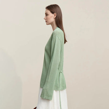 Damen-Strickjacke Lyocell V-Ausschnitt Glockenärmel Gürtel locker Frühling