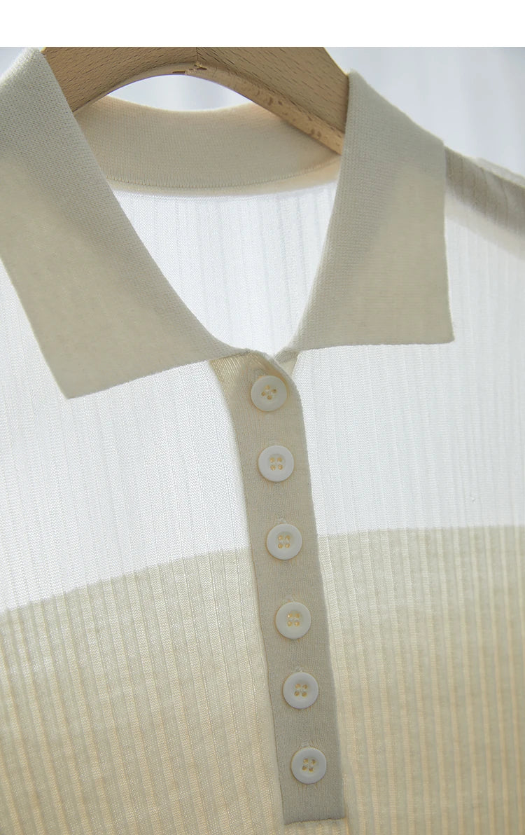 Damen Strickoberteil mit Revers und halber Knopfleiste für den Sommer