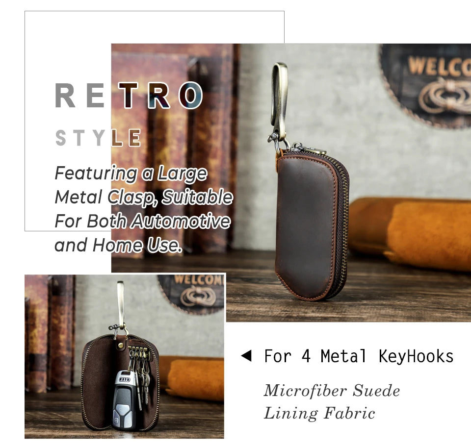 Leder-Schlüsseltasche mit Metallklappe, Metallhaken und Reißverschluss, dunkelbraun