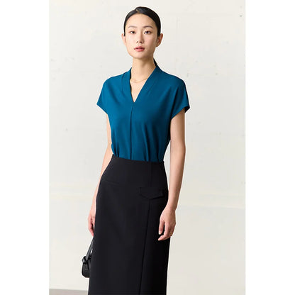 Elegantes Damen-Chiffonshirt mit Stehkragen und Trompetenärmeln – ideal für den Sommer und den eleganten Büroalltag