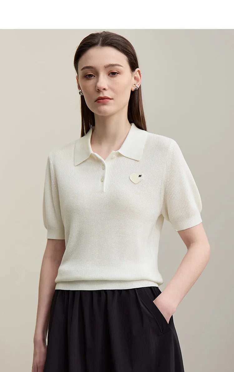Damen-Strickpullover mit Polokragen und Knopfleiste, Kurzarm, offwhite