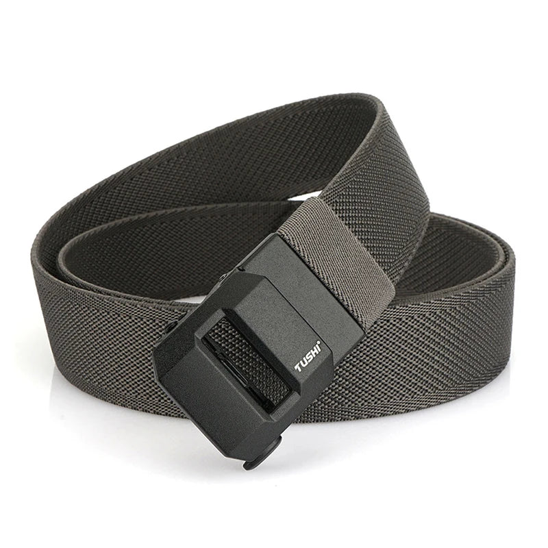 Unisex-Gürtel aus elastischem Nylon mit mattschwarzer Schnalle in 38 mm Breite und Tragekomfort