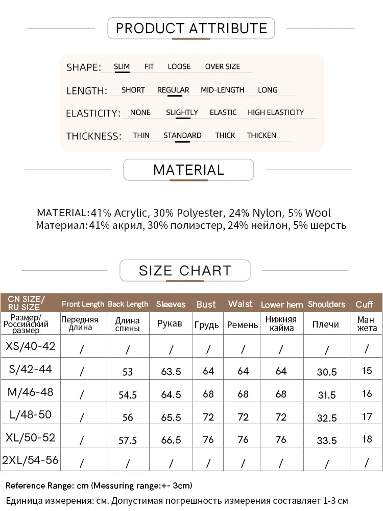 Material- und Größen-Tabelle für Damenpullover