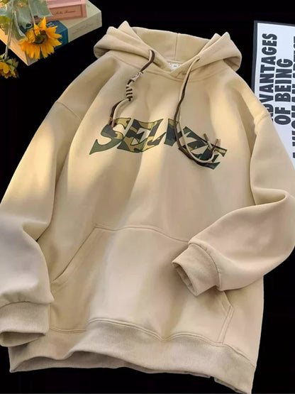 New in Camouflage Letter Printed Hooded Sweatshirts For Men Autumn Punk Hip Hop Fashion Hoodies Y2K Streetwear Fleece Hoody