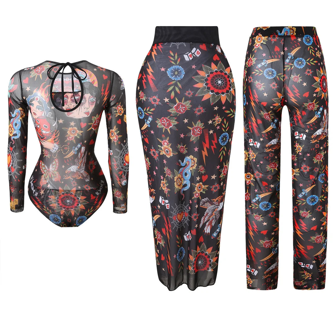 Damen-Badeanzug 3-teilig Print Langarm Sarong-Set gepolstert