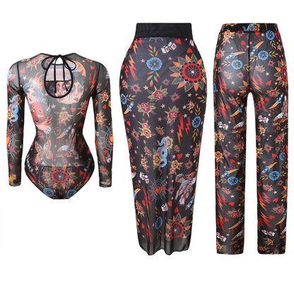 Damen-Badeanzug 3-teilig Print Langarm Sarong-Set gepolstert