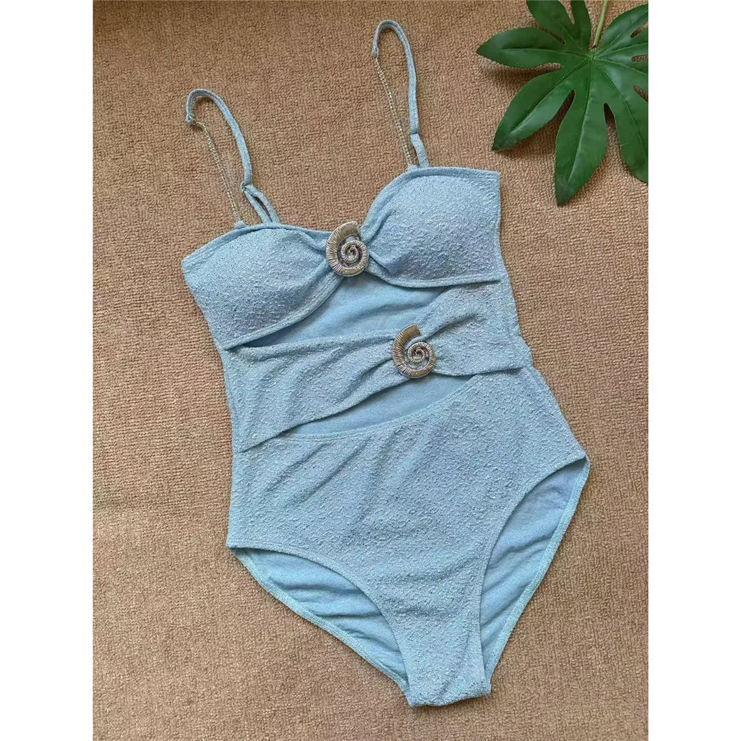 Damen Badeanzug Bauch-Cut-Out Metallring hoher Beinausschnitt Monokini gepolstert